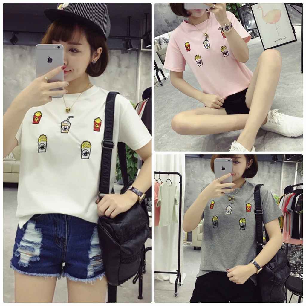 レディース　刺繍　フライドポテト　ファーストフード　Tシャツ　半袖　クルーネック　ショートスリーブ　トップス　春　夏　女性　大人　カジュアル　おしゃれ　ファッション　グレー　ピンク　グリーン　オリーブ　ホワイト　M　L　XL　XXL　サイズ　送料無料