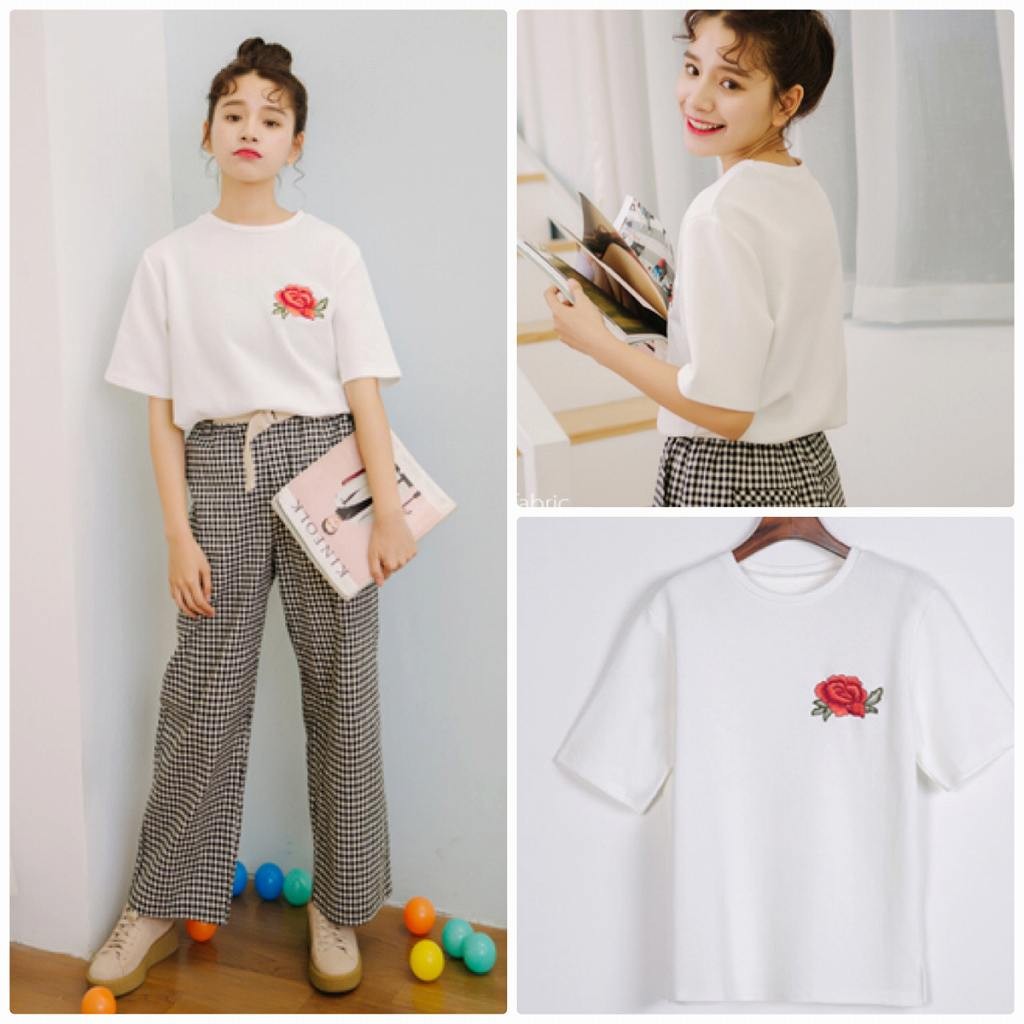 レディース　刺繍　バラ　薔薇　Tシャツ　半袖　クルーネック　ショートスリーブ　トップス　春　夏　女性　大人　カジュアル　キュート　可愛い　おしゃれ　ファッション　ブラック　ホワイト　フリーサイズ　ワンサイズ　送料無料