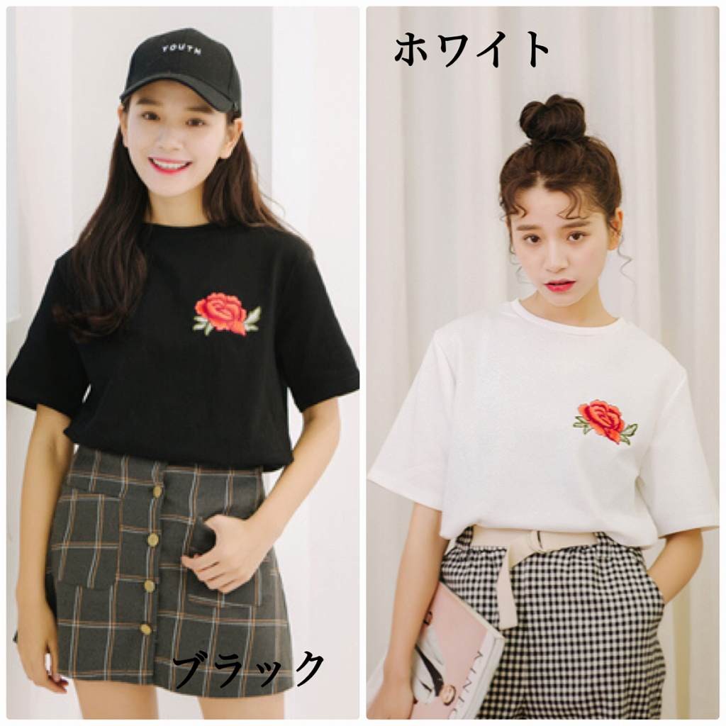 レディース　刺繍　バラ　薔薇　Tシャツ　半袖　クルーネック　ショートスリーブ　トップス　春　夏　女性　大人　カジュアル　キュート　可愛い　おしゃれ　ファッション　ブラック　ホワイト　フリーサイズ　ワンサイズ　送料無料