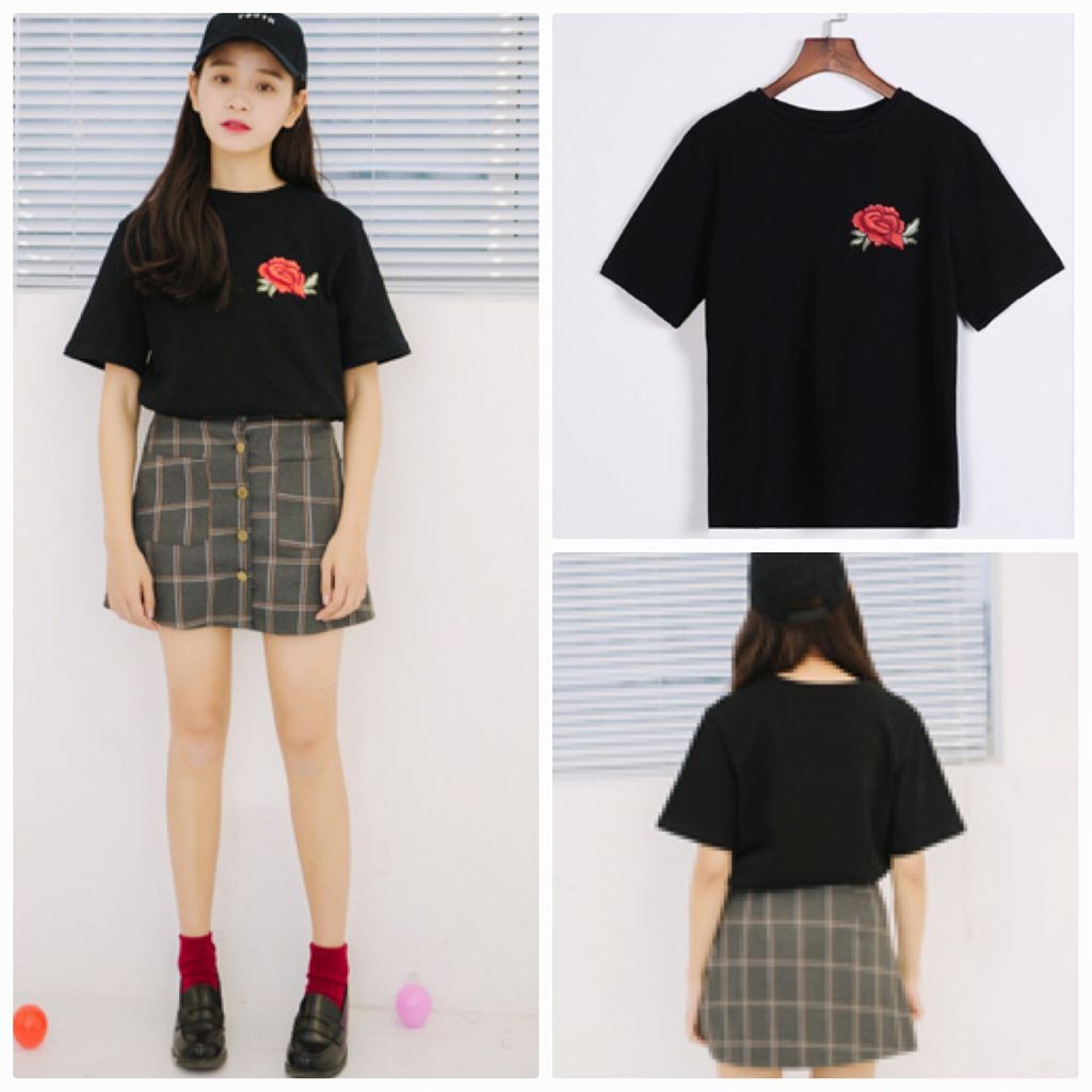 レディース　刺繍　バラ　薔薇　Tシャツ　半袖　クルーネック　ショートスリーブ　トップス　春　夏　女性　大人　カジュアル　キュート　可愛い　おしゃれ　ファッション　ブラック　ホワイト　フリーサイズ　ワンサイズ　送料無料