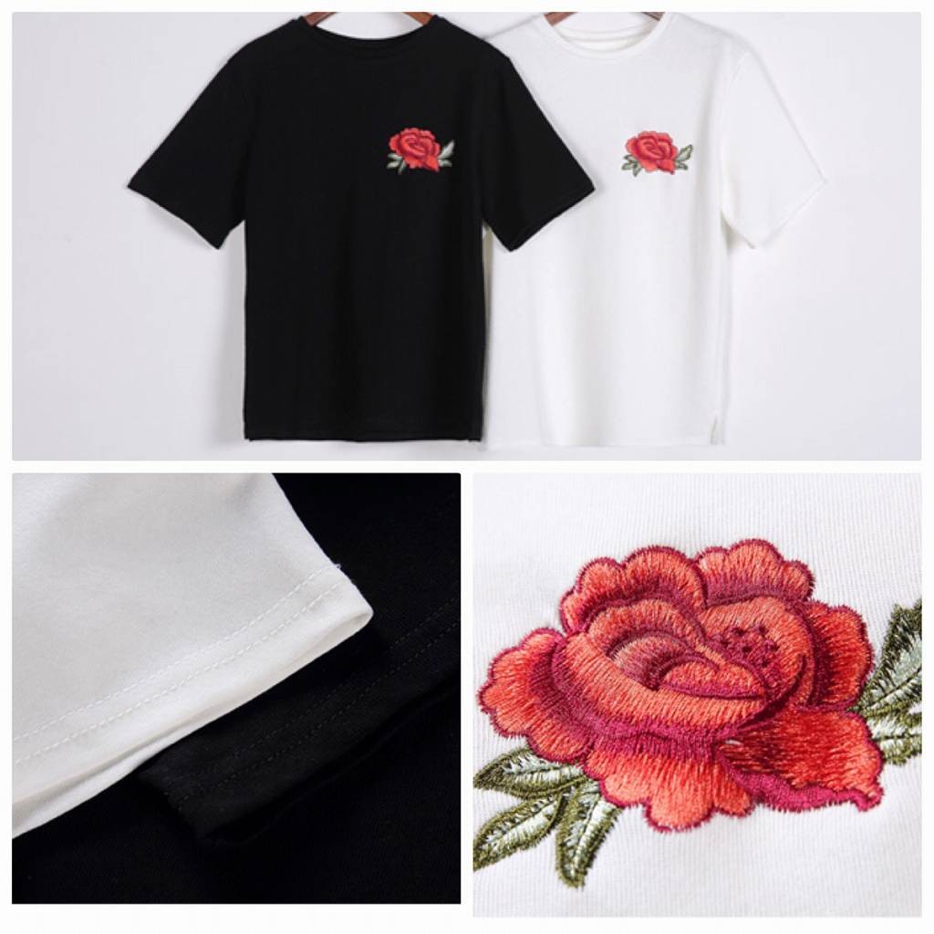 レディース　刺繍　バラ　薔薇　Tシャツ　半袖　クルーネック　ショートスリーブ　トップス　春　夏　女性　大人　カジュアル　キュート　可愛い　おしゃれ　ファッション　ブラック　ホワイト　フリーサイズ　ワンサイズ　送料無料