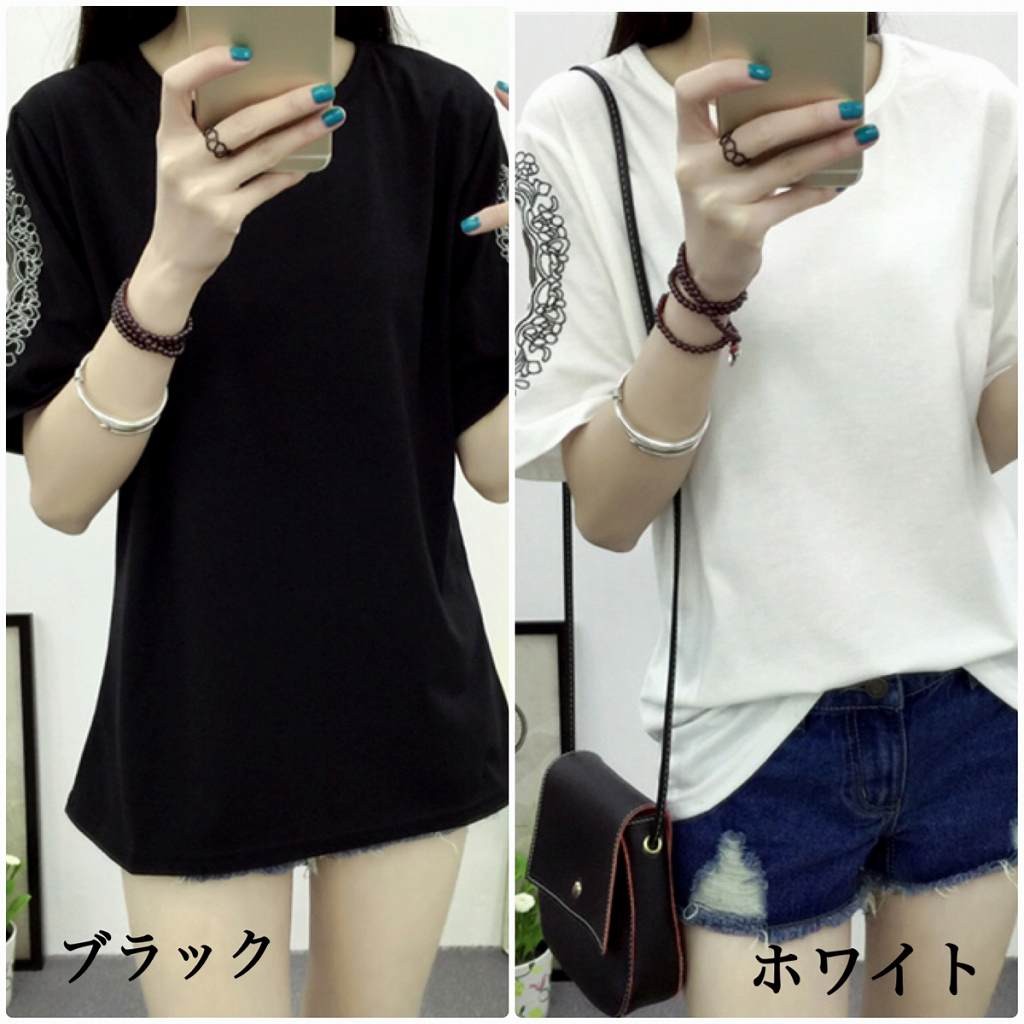 レディース　刺繍　Tシャツ　半袖　ラウンドネック　クルーネック　ショートスリーブ　トップス　春　夏　女性　大人　カジュアル　キュート　可愛い　おしゃれ　ファッション　ブラック　ホワイト　フリーサイズ　ワンサイズ　送料無料