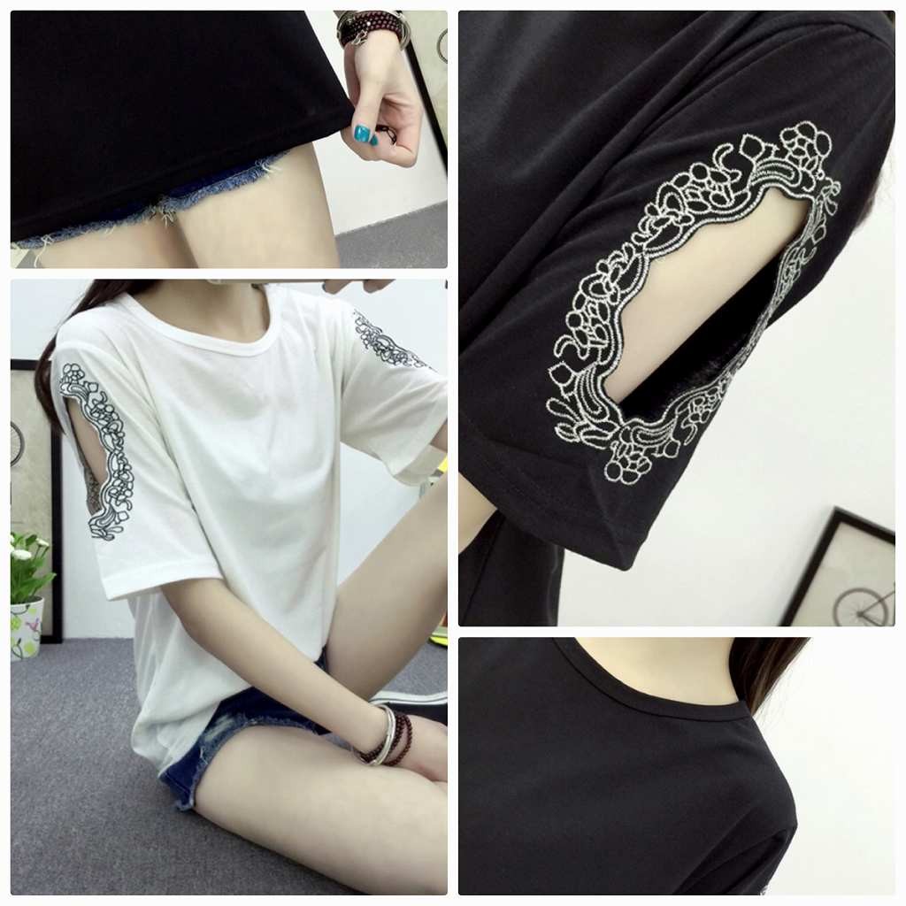 レディース　刺繍　Tシャツ　半袖　ラウンドネック　クルーネック　ショートスリーブ　トップス　春　夏　女性　大人　カジュアル　キュート　可愛い　おしゃれ　ファッション　ブラック　ホワイト　フリーサイズ　ワンサイズ　送料無料