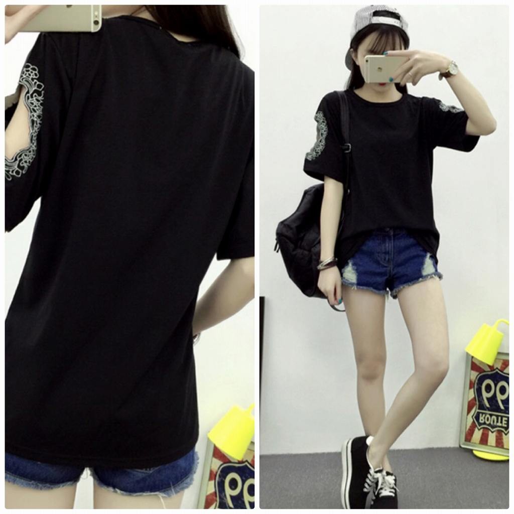 レディース　刺繍　Tシャツ　半袖　ラウンドネック　クルーネック　ショートスリーブ　トップス　春　夏　女性　大人　カジュアル　キュート　可愛い　おしゃれ　ファッション　ブラック　ホワイト　フリーサイズ　ワンサイズ　送料無料