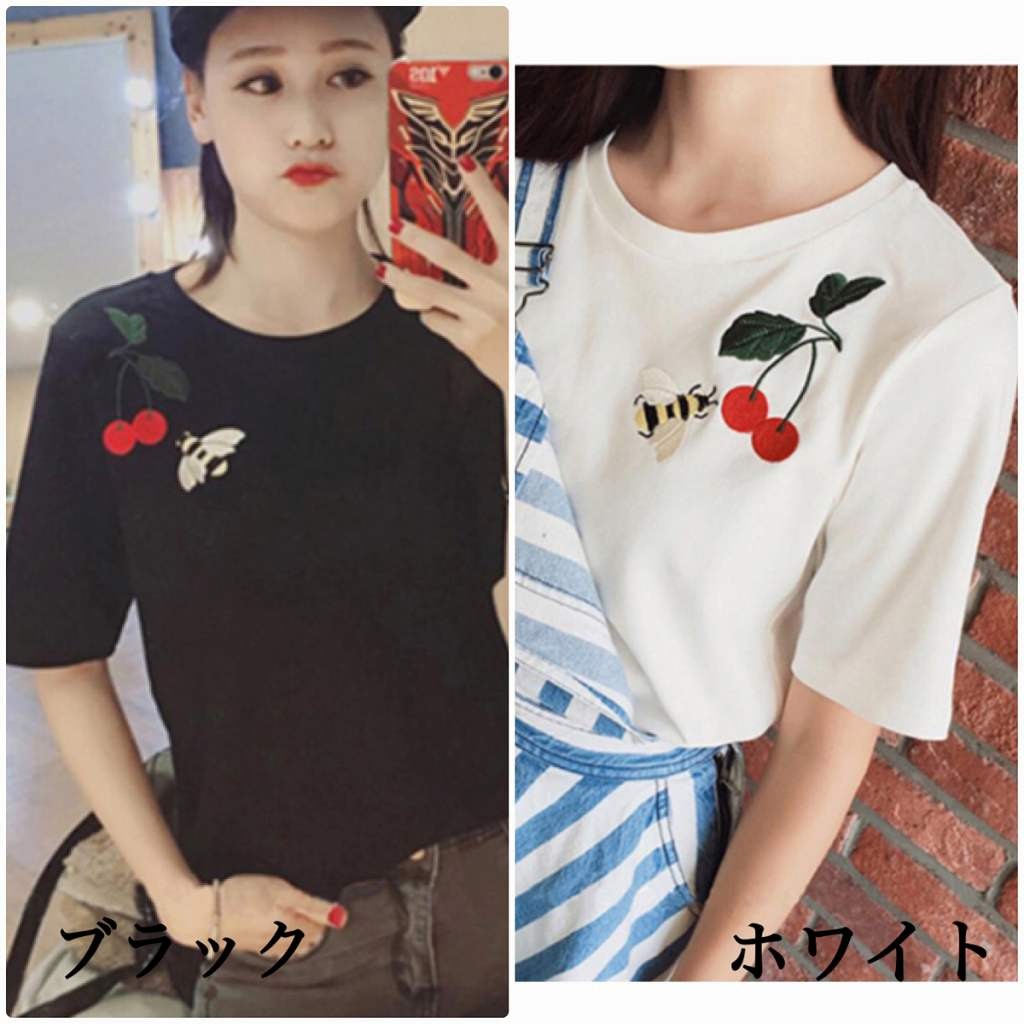 レディース　刺繍　チェリー　さくらんぼ　みつばち　ハチ　Tシャツ　半袖　ラウンドネック　ショートスリーブ　トップス　春　夏　女性　大人　カジュアル　キュート　可愛い　おしゃれ　ファッション　ブラック　ホワイト　S　M　L　XL　サイズ　送料無料