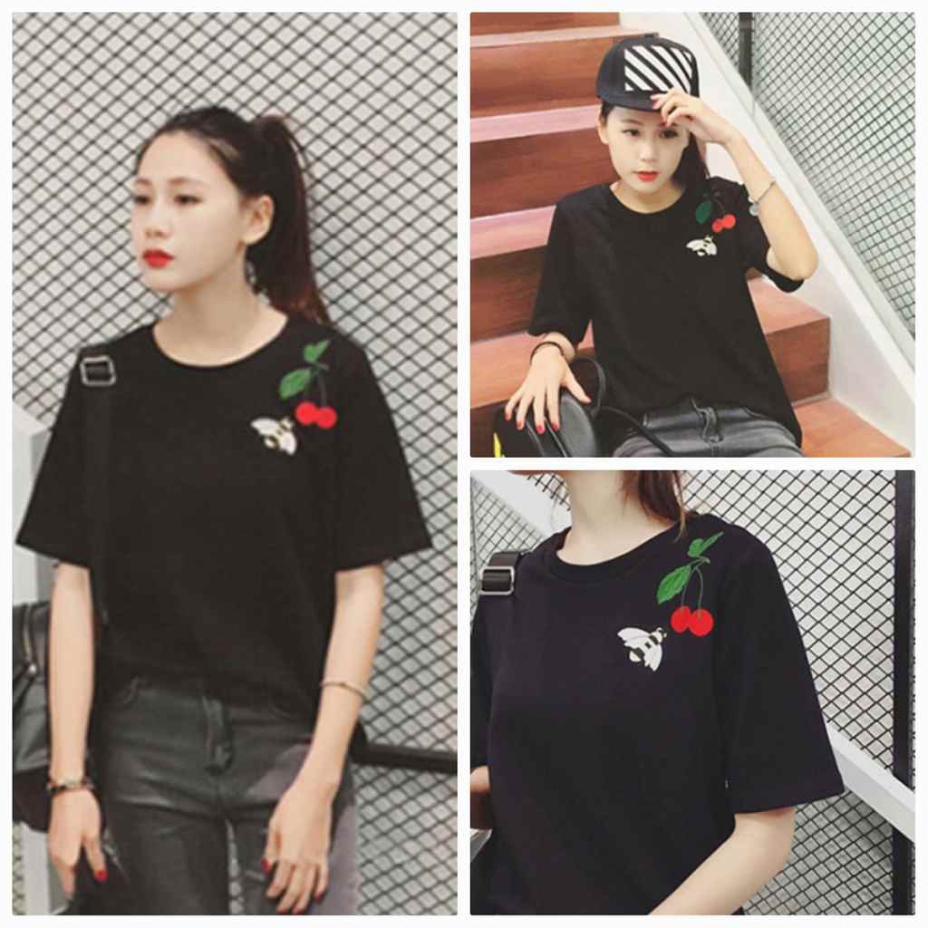 レディース　刺繍　チェリー　さくらんぼ　みつばち　ハチ　Tシャツ　半袖　ラウンドネック　ショートスリーブ　トップス　春　夏　女性　大人　カジュアル　キュート　可愛い　おしゃれ　ファッション　ブラック　ホワイト　S　M　L　XL　サイズ　送料無料