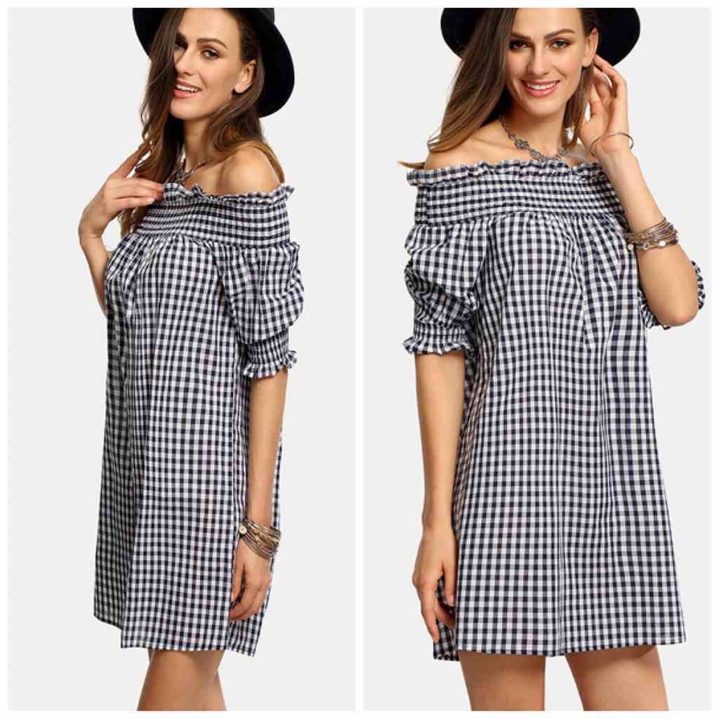 レディース　ギンガムチェック　ワンピース　ミニ　スカート　オフショルダー　ショートスリーブ　半袖　ボトムス　春　夏　女性　大人　カジュアル　キュート　可愛い　おしゃれ　セクシー　エレガント　セクシー　ブラック　黒　S　M　L　XL　サイズ　送料無料