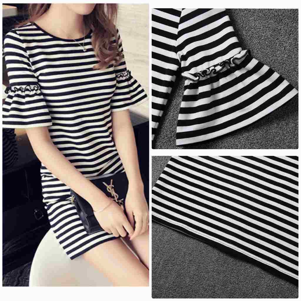 レディース　フレアスリーブ　ワンピース　ボーダー　ミニ　スカート　ラウンドネック　ショートスリーブ　半袖　ボトムス　春　夏　女性　大人　カジュアル　キュート　可愛い　おしゃれ　ブラック　ホワイト　黒　白　M　L　XL　XXL　XXXL　サイズ　送料無料