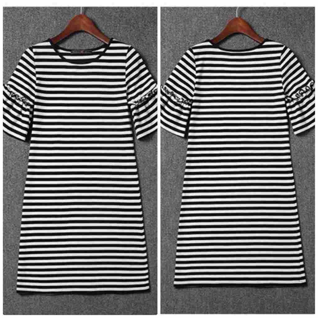 レディース　フレアスリーブ　ワンピース　ボーダー　ミニ　スカート　ラウンドネック　ショートスリーブ　半袖　ボトムス　春　夏　女性　大人　カジュアル　キュート　可愛い　おしゃれ　ブラック　ホワイト　黒　白　M　L　XL　XXL　XXXL　サイズ　送料無料