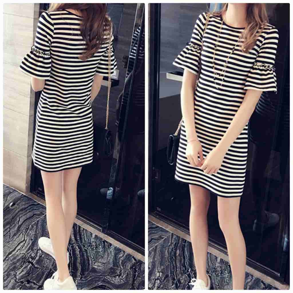 レディース　フレアスリーブ　ワンピース　ボーダー　ミニ　スカート　ラウンドネック　ショートスリーブ　半袖　ボトムス　春　夏　女性　大人　カジュアル　キュート　可愛い　おしゃれ　ブラック　ホワイト　黒　白　M　L　XL　XXL　XXXL　サイズ　送料無料