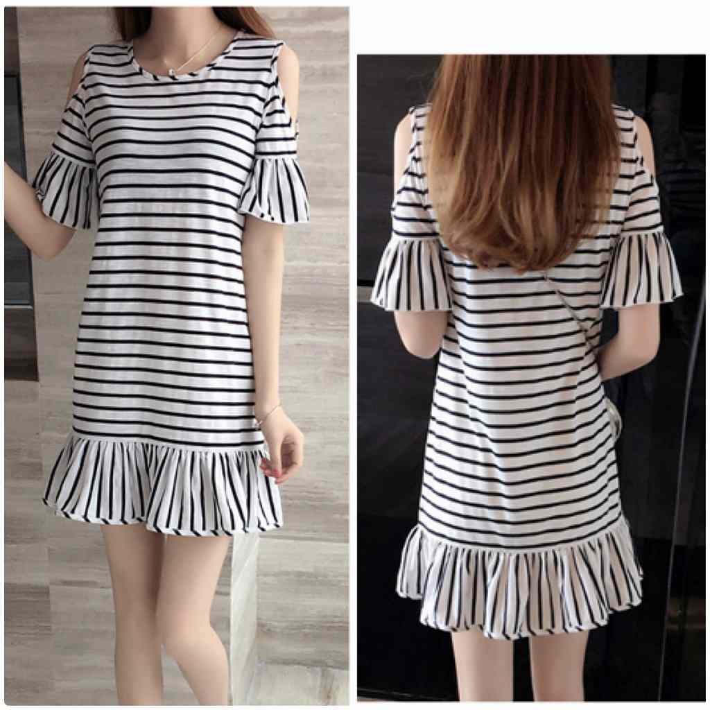 レディース　フレアスリーブ　ワンピース　ボーダー　ミニ　スカート　ラウンドネック　ショートスリーブ　半袖　ボトムス　春　夏　女性　大人　カジュアル　キュート　可愛い　おしゃれ　エレガント　ブラック　ホワイト　黒　白　M　L　XL　XXL　サイズ　送料無料