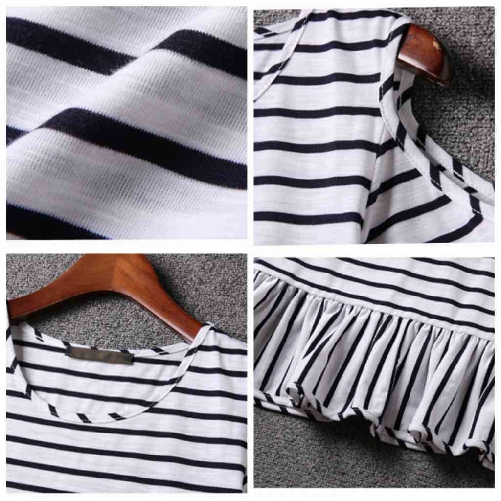 レディース　フレアスリーブ　ワンピース　ボーダー　ミニ　スカート　ラウンドネック　ショートスリーブ　半袖　ボトムス　春　夏　女性　大人　カジュアル　キュート　可愛い　おしゃれ　エレガント　ブラック　ホワイト　黒　白　M　L　XL　XXL　サイズ　送料無料