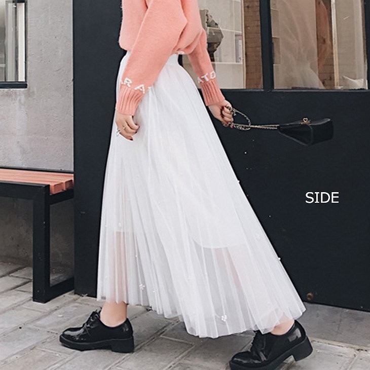 レディース　ベールスカート　マキシ丈　ビーズ　ボトムス　春物　夏物　服　人気　女性　大人　婦人服　カジュアル　キュート　可愛い　おしゃれ　セクシー　エレガント　セクシー　ホワイト　グレー　ブラック　ピンク　フリーサイズ　ワンサイズ　送料無料