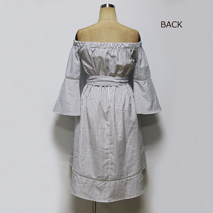 レディース　フレアスリーブ　ストライプ　オフショルダー　ワンピース　ボトムス　春物　夏物　服　人気　女性　大人　婦人服　カジュアル　ガーリー　キュート　可愛い　おしゃれ　セクシー　エレガント　セクシー　ホワイト　白　Ｓ　Ｍ　Ｌ　XL　サイズ　送料無料