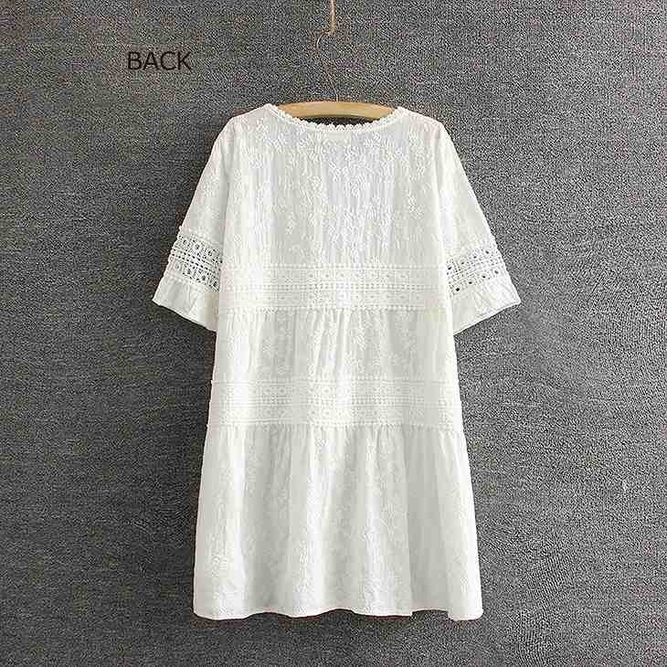 レディース　レース　ステッチ　刺繍　ワンピース　ミニ　スカート　ボトムス　半袖　春物　夏物　服　人気　女性　大人　婦人服　カジュアル　フェミニン　キュート　可愛い　おしゃれ　エレガント　セクシー　ホワイト　白　フリーサイズ　ワンサイズ　送料無料