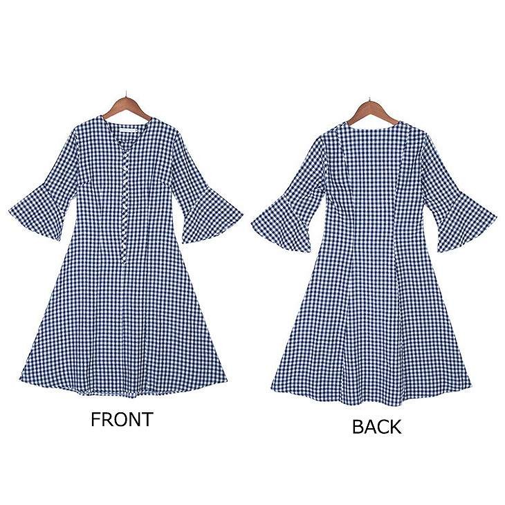 レディース　フレアスリーブ　ワンピース　ギンガムチェック　膝丈　スカート　ボトムス　半袖　春物　夏物　服　人気　女性　大人　婦人服　カジュアル　フェミニン　キュート　可愛い　おしゃれ　エレガント　ネイビー　ブラック　レッド　S　Ｍ　サイズ　送料無料
