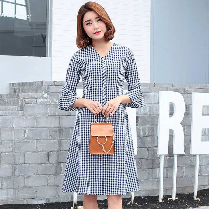 レディース　フレアスリーブ　ワンピース　ギンガムチェック　膝丈　スカート　ボトムス　半袖　春物　夏物　服　人気　女性　大人　婦人服　カジュアル　フェミニン　キュート　可愛い　おしゃれ　エレガント　ネイビー　ブラック　レッド　S　Ｍ　サイズ　送料無料