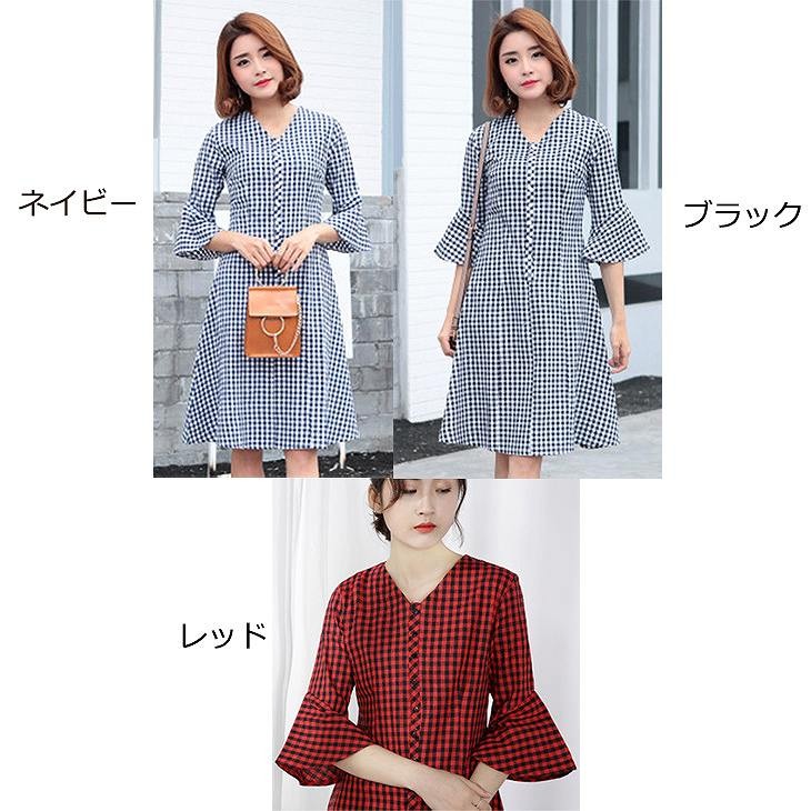 レディース　フレアスリーブ　ワンピース　ギンガムチェック　膝丈　スカート　ボトムス　半袖　春物　夏物　服　人気　女性　大人　婦人服　カジュアル　フェミニン　キュート　可愛い　おしゃれ　エレガント　ネイビー　ブラック　レッド　S　Ｍ　サイズ　送料無料