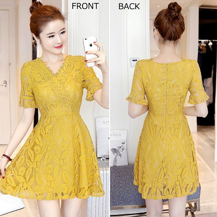 レディース　フレアスリーブ　ワンピース　ステッチ　レース　ミニ　スカート　ボトムス　半袖　春物　夏物　服　人気　女性　大人　婦人服　カジュアル　フェミニン　可愛い　おしゃれ　エレガント　セクシー　イエロー　ホワイト　S　M　L　XL　サイズ　送料無料
