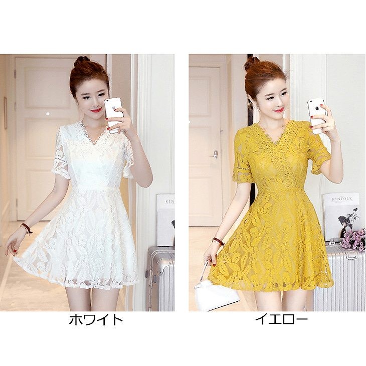 レディース　フレアスリーブ　ワンピース　ステッチ　レース　ミニ　スカート　ボトムス　半袖　春物　夏物　服　人気　女性　大人　婦人服　カジュアル　フェミニン　可愛い　おしゃれ　エレガント　セクシー　イエロー　ホワイト　S　M　L　XL　サイズ　送料無料