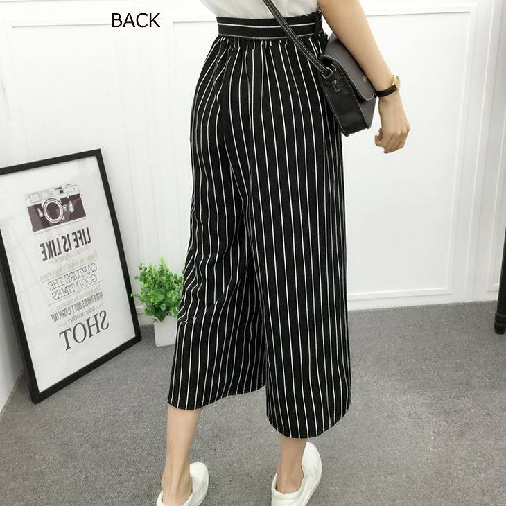 レディース　ワイドレッグパンツ　ストライプ　ドット　クロップド　半端丈　七分丈　ボトムス　春物　夏物　服　人気　女性　大人　婦人服　カジュアル　フェミニン　キュート　可愛い　おしゃれ　エレガント　セクシー　ブラック　M　L　サイズ　送料無料