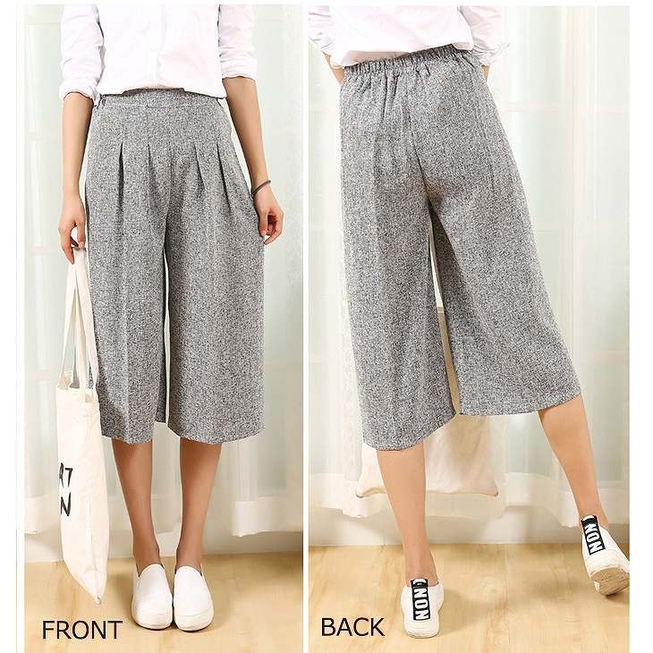 レディース　リネン　ワイドレッグパンツ　クロップド　半端丈　七分丈　ボトムス　春物　夏物　服　人気　女性　大人　婦人服　カジュアル　フェミニン　キュート　可愛い　おしゃれ　エレガント　セクシー　ブラック　グレー　黒　灰色　M　L　XL　サイズ　送料無料