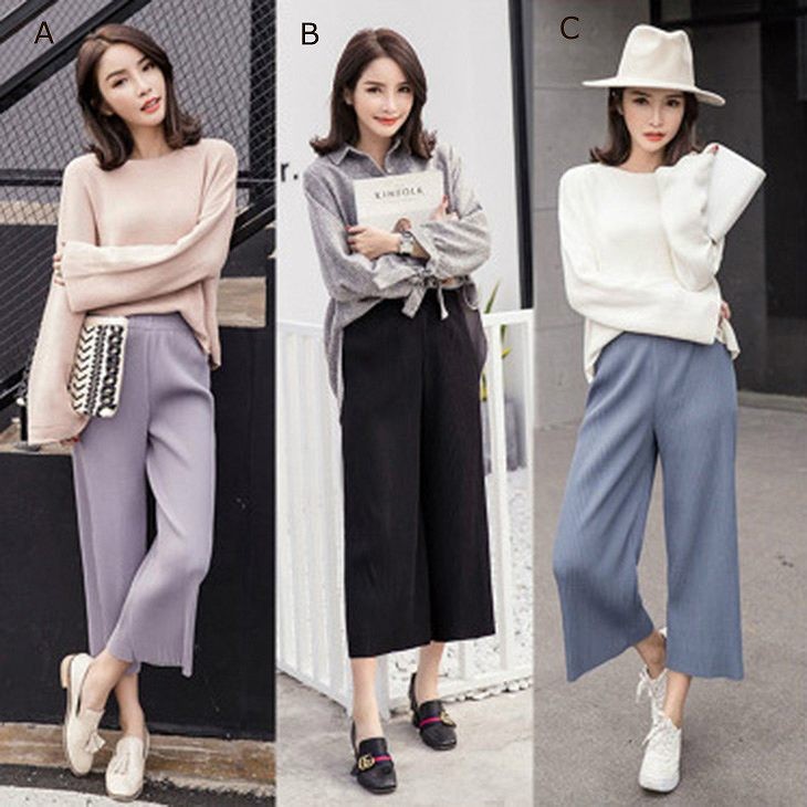 レディース　ワイドレッグパンツ　クロップド　半端丈　七分丈　ボトムス　春物　夏物　服　人気　女性　大人　婦人服　カジュアル　フェミニン　キュート　可愛い　おしゃれ　エレガント　セクシー　ブラック　パープル　グレー　フリーサイズ　ワンサイズ　送料無料