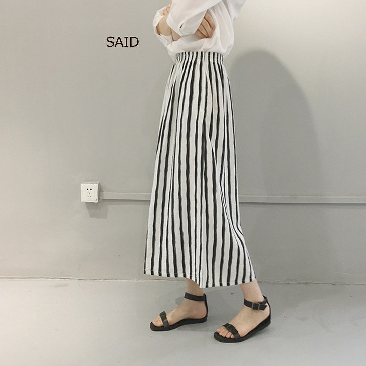 レディース　ボトムス　ガウチョパンツ　ワイドパンツ　スカーチョ　ストライプ　春夏　フリーサイズ　大人カジュアル　シンプル　オフィス　OL　デイリー　お出かけ　デート　ホワイト　送料無料