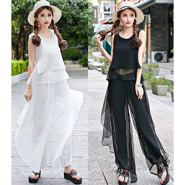 レディース　ボトムス　ガウチョパンツ　ワイドパンツ　スカーチョ　無地　春夏　フリーサイズ　大人カジュアル　シンプル　オフィス　OL　デイリー　お出かけ　デート　ホワイト　ブラック　送料無料