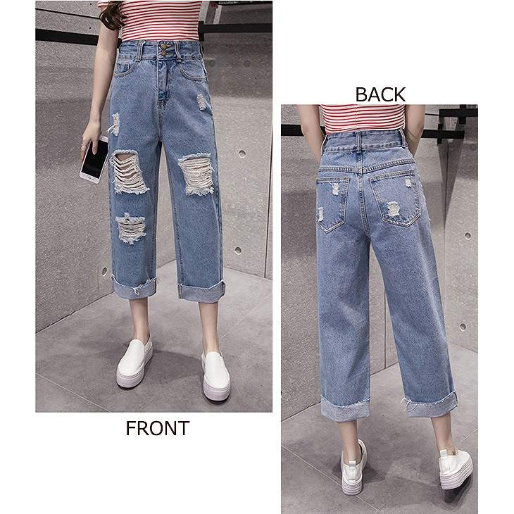 レディース　ボトムス　デニムパンツ　ジーンズ　ストレート　リップドデニム　ロールアップ　7分丈　無地　春夏　大きいサイズ　大人カジュアル　シンプル　デイリー　お出かけ　デート　ブルー　送料無料