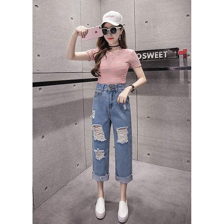 レディース　ボトムス　デニムパンツ　ジーンズ　ストレート　リップドデニム　ロールアップ　7分丈　無地　春夏　大きいサイズ　大人カジュアル　シンプル　デイリー　お出かけ　デート　ブルー　送料無料