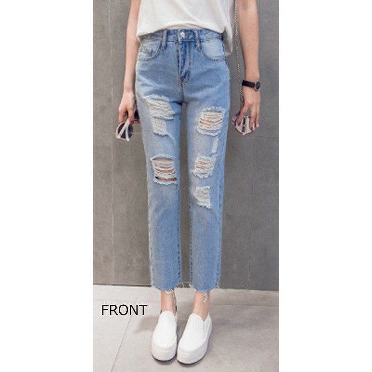 レディース　ボトムス　デニムパンツ　ジーンズ　ストレート　リップドデニム　カットオフ　9分丈　無地　春夏　大きいサイズ　大人カジュアル　シンプル　デイリー　お出かけ　デート　ブルー　送料無料