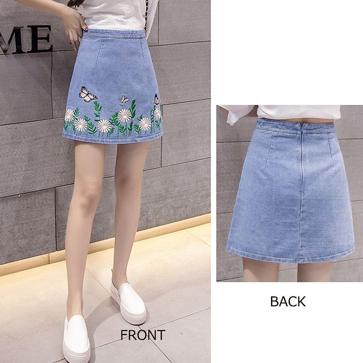 レディース　ボトムス　デニムスカート　膝上丈　フラワー　刺繍　花柄　レトロ　春夏　大きいサイズ　大人カジュアル　シンプル　デイリー　お出かけ　デート　ブルー　送料無料