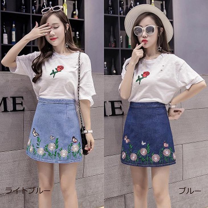 レディース　ボトムス　デニムスカート　膝上丈　フラワー　刺繍　花柄　レトロ　春夏　大きいサイズ　大人カジュアル　シンプル　デイリー　お出かけ　デート　ブルー　送料無料