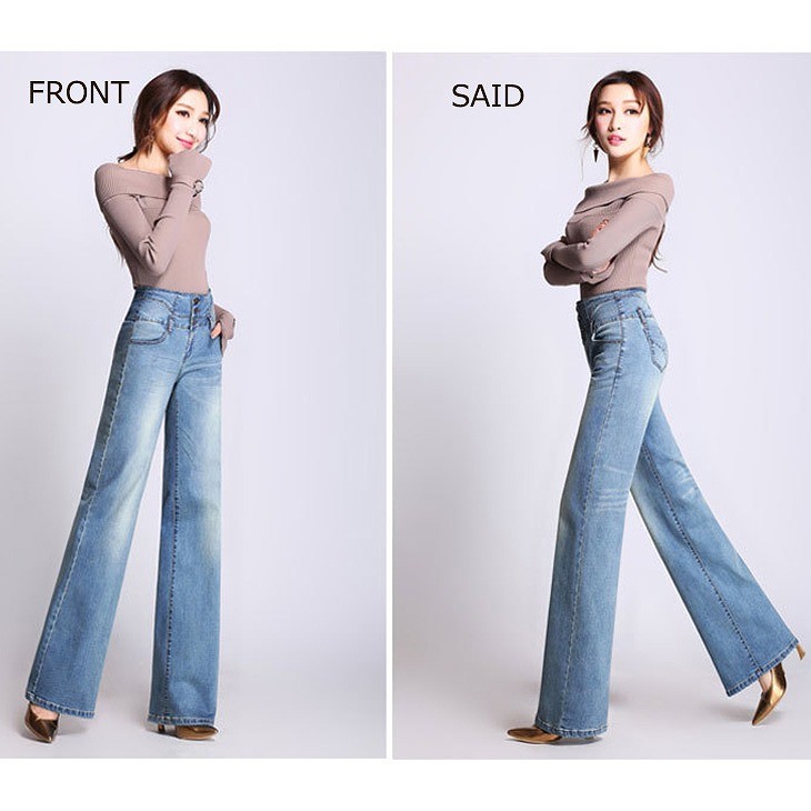 レディース　ボトムス　デニムパンツ　ジーンズ　ストレート　ワイドパンツ　ハイウエスト　無地　大きいサイズ　美脚　脚長　大人カジュアル　シンプル　デイリー　お出かけ　デート　ブルー　送料無料