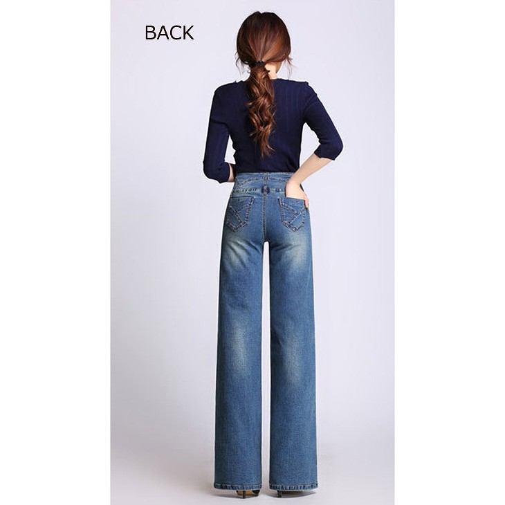 レディース　ボトムス　デニムパンツ　ジーンズ　ストレート　ワイドパンツ　ハイウエスト　無地　大きいサイズ　美脚　脚長　大人カジュアル　シンプル　デイリー　お出かけ　デート　ブルー　送料無料