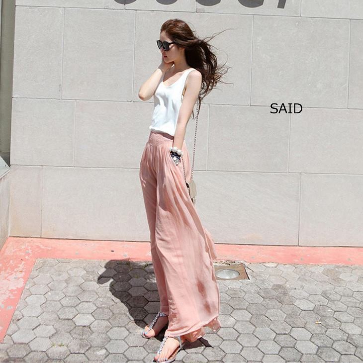 レディース　ボトムス　ガウチョパンツ　ワイドパンツ　スカーチョ　シフォン　無地　春夏　大きいサイズ　大人カジュアル　シンプル　オフィス　OL　デイリー　お出かけ　デート　ピンク　送料無料