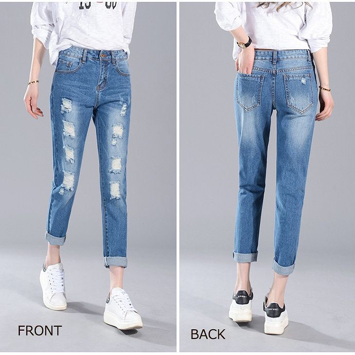 レディース　ボトムス　デニムパンツ　ジーンズ　ストレート　リップドデニム　ロールアップ　無地　春夏　9分丈　大きいサイズ　大人カジュアル　シンプル　デイリー　お出かけ　デート　ブルー　送料無料