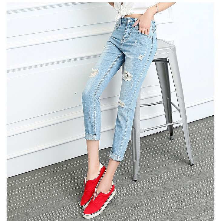 レディース　ボトムス　デニムパンツ　ジーンズ　ストレート　リップドデニム　ロールアップ　無地　春夏　9分丈　大きいサイズ　大人カジュアル　シンプル　デイリー　お出かけ　デート　ブルー　送料無料