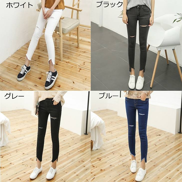 レディース　ボトムス　デニムパンツ　ジーンズ　スリム　スキニー　リップドデニム　カットオフ　無地　春夏　大きいサイズ　大人カジュアル　シンプル　デイリー　お出かけ　デート　ホワイト　ブラック　グレー　ブルー　送料無料