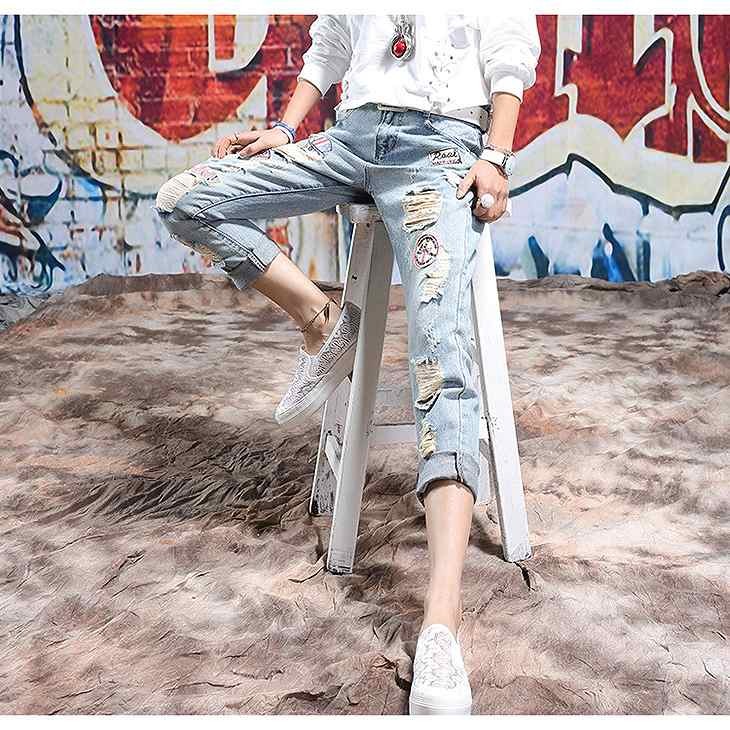 レディース　ボトムス　デニムパンツ　ジーンズ　ストレート　リップドデニム　ダメージ　ロールアップ　ルーズパンツ　無地　春夏　大きいサイズ　大人カジュアル　ヒップホップ　デイリー　お出かけ　デート　ブルー　送料無料