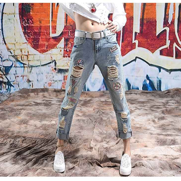 レディース　ボトムス　デニムパンツ　ジーンズ　ストレート　リップドデニム　ダメージ　ロールアップ　ルーズパンツ　無地　春夏　大きいサイズ　大人カジュアル　ヒップホップ　デイリー　お出かけ　デート　ブルー　送料無料