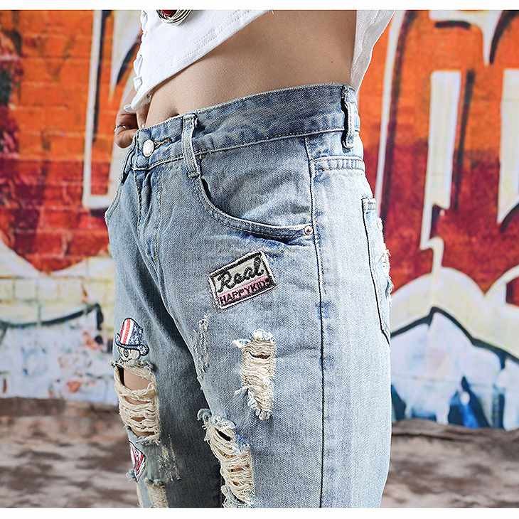 レディース　ボトムス　デニムパンツ　ジーンズ　ストレート　リップドデニム　ダメージ　ロールアップ　ルーズパンツ　無地　春夏　大きいサイズ　大人カジュアル　ヒップホップ　デイリー　お出かけ　デート　ブルー　送料無料