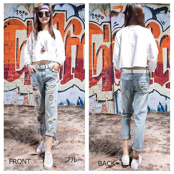 レディース　ボトムス　デニムパンツ　ジーンズ　ストレート　リップドデニム　ダメージ　ロールアップ　ルーズパンツ　無地　春夏　大きいサイズ　大人カジュアル　ヒップホップ　デイリー　お出かけ　デート　ブルー　送料無料