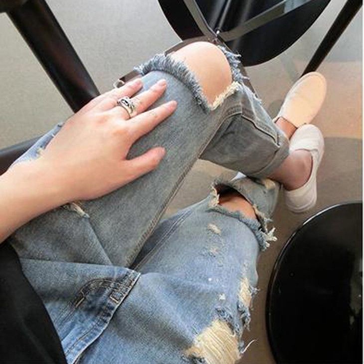 レディース　ボトムス　デニムパンツ　ジーンズ　ストレート　リップドデニム　ダメージ　ロールアップ　ルーズパンツ　無地　春夏　フリーサイズ　大人カジュアル　ヒップホップ　デイリー　お出かけ　デート　ブルー　送料無料