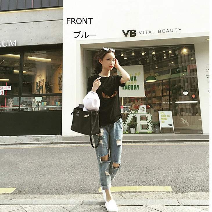 レディース　ボトムス　デニムパンツ　ジーンズ　ストレート　リップドデニム　ダメージ　ロールアップ　ルーズパンツ　無地　春夏　フリーサイズ　大人カジュアル　ヒップホップ　デイリー　お出かけ　デート　ブルー　送料無料