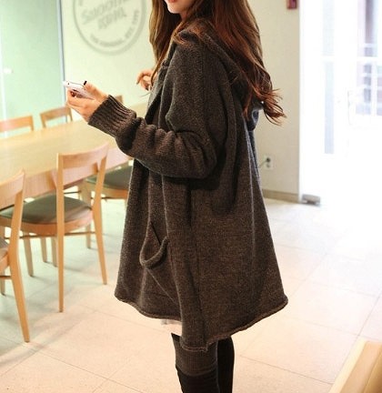 レディース ウール混カーディガン 長袖 フード付き ゆったり シンプル おしゃれ エレガント カジュアル お出かけ デート デイリー 普段着 ブラック 送料無料