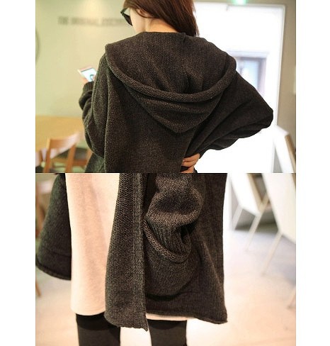 レディース ウール混カーディガン 長袖 フード付き ゆったり シンプル おしゃれ エレガント カジュアル お出かけ デート デイリー 普段着 ブラック 送料無料