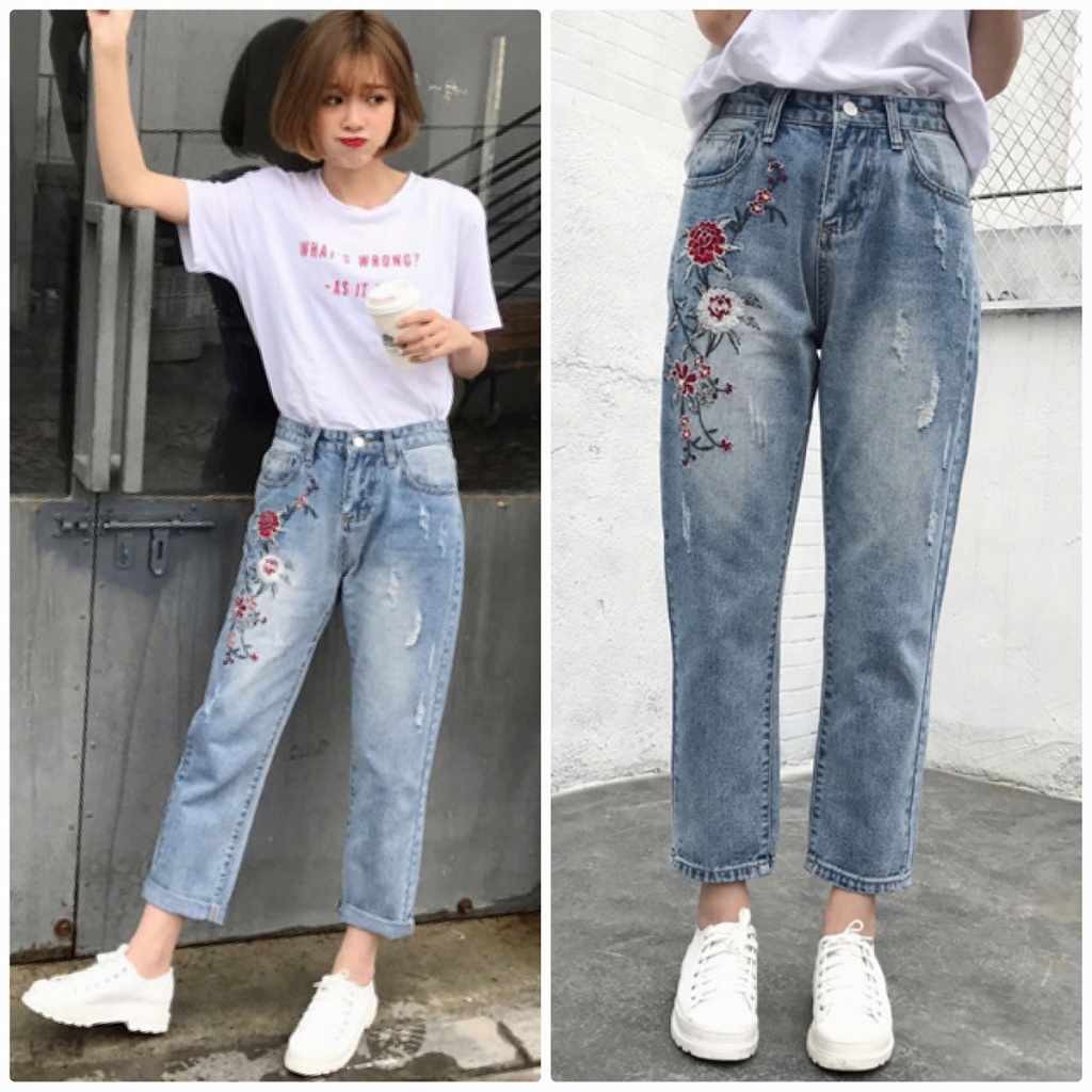 レディース　刺繍　花柄　ハイウエスト　デニム　ハイブリーチ　ウォッシュ　アンクル丈　ジーンズ　ジーパン　ワイド　パンツ　ボトムス　美脚　脚長　美シルエット　人気　女性　大人　カジュアル　おしゃれ　ファッション　ブルー　S　M　L　XL　サイズ　送料無料