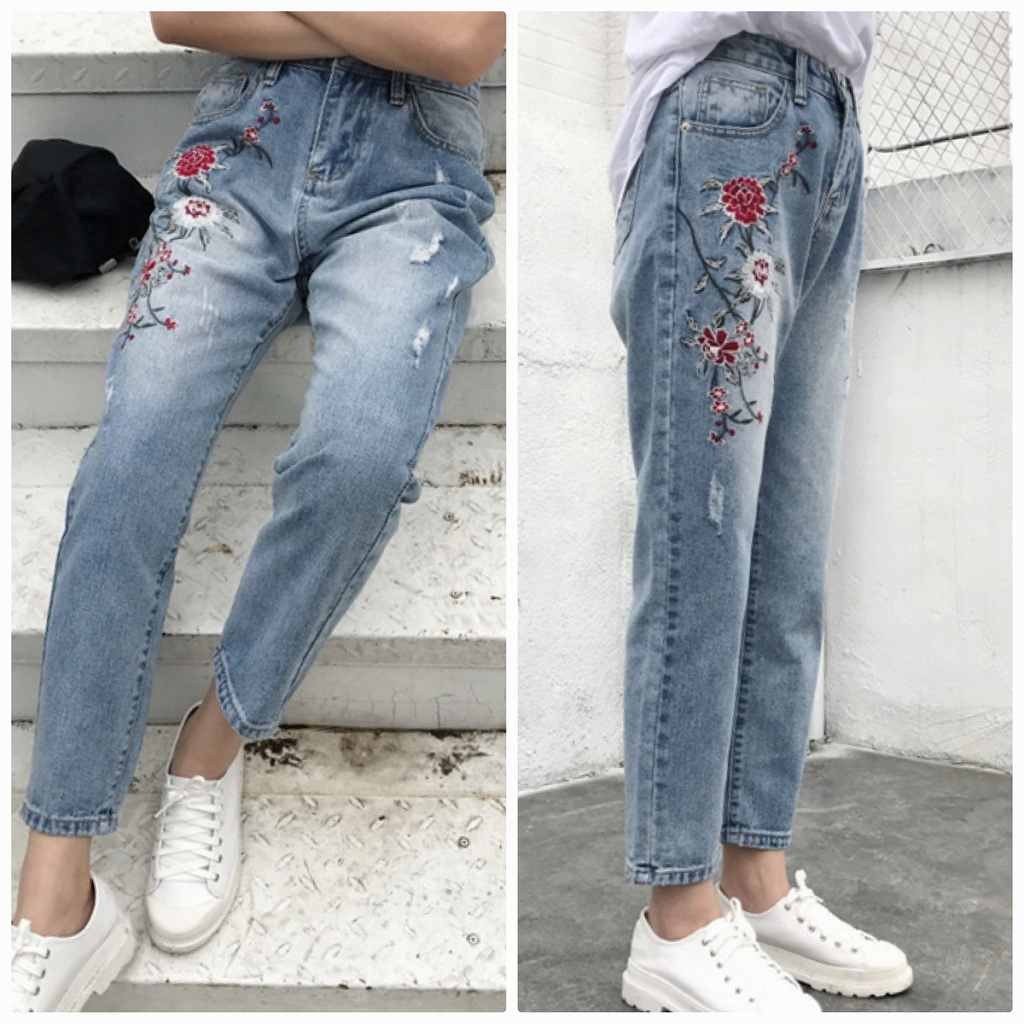 レディース　刺繍　花柄　ハイウエスト　デニム　ハイブリーチ　ウォッシュ　アンクル丈　ジーンズ　ジーパン　ワイド　パンツ　ボトムス　美脚　脚長　美シルエット　人気　女性　大人　カジュアル　おしゃれ　ファッション　ブルー　S　M　L　XL　サイズ　送料無料